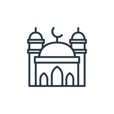 İnşaat konseptinden cami ikonu vektörü. Cami felcinin ince bir çizgisi. Web ve mobil uygulamalarda kullanmak için cami doğrusal işareti, logo, yazdırma ortamı.