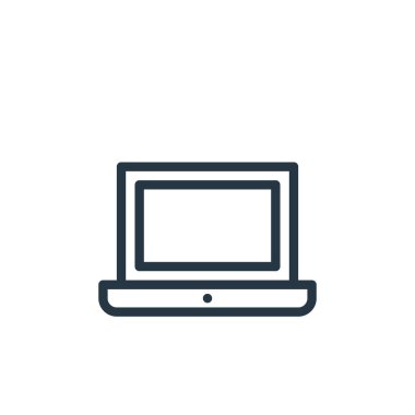 İş ve ofis kavramından bir dizüstü bilgisayar ikonu vektörü. Dizüstü bilgisayarın düzenlenebilir vuruşunun ince çizgisi. Web ve mobil uygulamalarda kullanmak için dizüstü bilgisayar doğrusal imzası, logo, yazdırma ortamı.