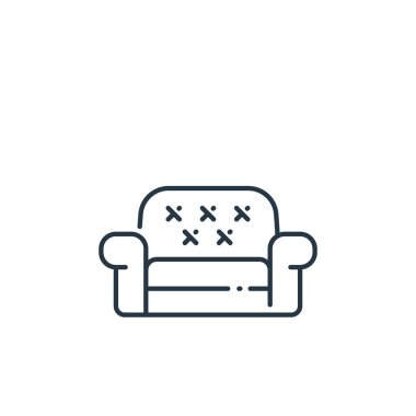 İç dizayn konseptinden koltuk ikonu vektörü. Kanepe darbesinin ince bir çizgisi. İnternet ve mobil uygulamalarda kullanım için kanepe doğrusal işareti, logo, yazdırma ortamı.