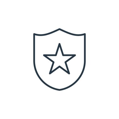 Polis kalkanı ikon vektörü hukuk kavramından. Polis kalkanının düzeltilebilir vuruşunun ince bir çizgisi. Web ve mobil uygulamalarda kullanmak için polis kalkanı doğrusal işareti, logo, yazdırma ortamı.