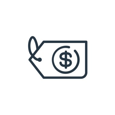 Finans ve iş konseptindeki para etiketi ikonu vektörü. Etiketlenebilir para vuruşunun ince çizgisi. Web ve mobil uygulamalarda kullanmak için para etiketi doğrusal işareti, logo, yazdırma ortamı.