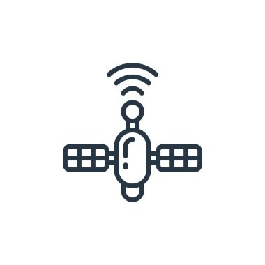 Nesnelerin internet konseptinden uydu sinyal ikonu vektörü. Uydu sinyalinin düzenlenebilir darbelerinin ince çizgisi. Web ve mobil uygulamalar, logo ve yazdırma için uydu sinyali doğrusal işareti 