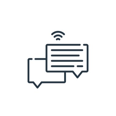 Akıllı şehir konseptinden konuşma balonu ikonu vektörü. Konuşma baloncuğunun düzenlenebilir vuruşunun ince çizgisi. Web ve mobil uygulamalarda kullanmak için konuşma balonu doğrusal işareti, logo, yazdırma ortamı.