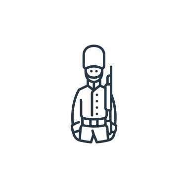 İngiltere konseptinden kraliyet muhafızı ikon vektörü. Kraliyet muhafızlarının düzenlenebilir vuruşlarının ince bir çizgisi. Web ve mobil uygulamalarda kullanım için kraliyet koruma doğrusal işareti, logo, yazdırma ortamı.