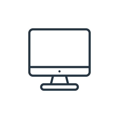 Ofis kavramından bilgisayar simgesi vektörü. Bilgisayarda düzenlenebilir vuruşun ince çizgisi. Web ve mobil uygulamalarda kullanmak için bilgisayar doğrusal işareti, logo, yazdırma ortamı.