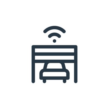Akıllı ev kavramının garaj ikonu vektörü. İnce çizgili, düzenlenebilir garaj felci çizgisi. Web ve mobil uygulamalarda kullanım için garaj doğrusal işareti, logo, yazdırma ortamı.