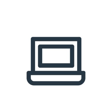 İş ve yönetim kavramından bir dizüstü bilgisayar ikonu vektörü. Dizüstü bilgisayarın düzenlenebilir vuruşunun ince çizgisi. Web ve mobil uygulamalarda kullanmak için dizüstü bilgisayar doğrusal imzası, logo, yazdırma ortamı.