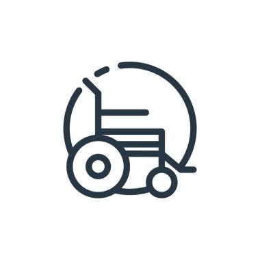 Hastane konseptinden tekerlekli sandalye ikonu vektörü. Tekerlekli sandalye inmesinin ince bir çizgisi. Web ve mobil uygulamalarda kullanmak için tekerlekli sandalye doğrusal işareti, logo, yazdırma ortamı.