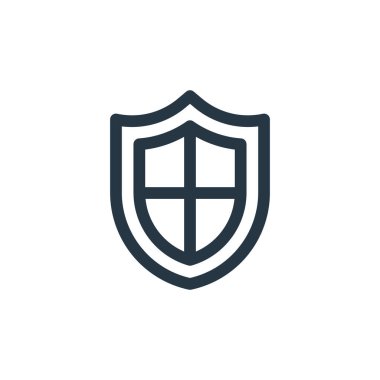 Müşteri hizmetleri konseptinden kalkan simgesi vektörü. Düzenlenebilir kalkan vuruşunun ince çizgisi. Web ve mobil uygulamalarda kullanmak için kalkan doğrusal işareti, logo, yazdırma ortamı.