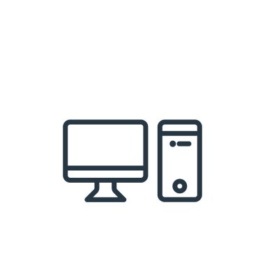 Elektronik aygıtlardan gelen bilgisayar simgesi vektörü ana hatları çiziyor. Bilgisayarda düzenlenebilir vuruşun ince çizgisi. Web ve mobil uygulamalarda kullanmak için bilgisayar doğrusal işareti, logo, yazdırma ortamı.