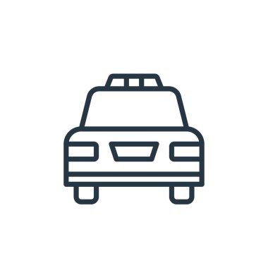 Polis arabası ikon vektörü suç konseptinden. Polis arabasının düzenlenebilir felç çizgisi. İnternet ve mobil uygulamalarda kullanmak için polis arabası doğrusal işareti, logo, yazdırma medyası.