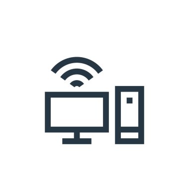 Kablosuz teknoloji konseptinden bilgisayar simgesi vektörü. Bilgisayarda düzenlenebilir vuruşun ince çizgisi. Web ve mobil uygulamalarda kullanmak için bilgisayar doğrusal işareti, logo, yazdırma ortamı.
