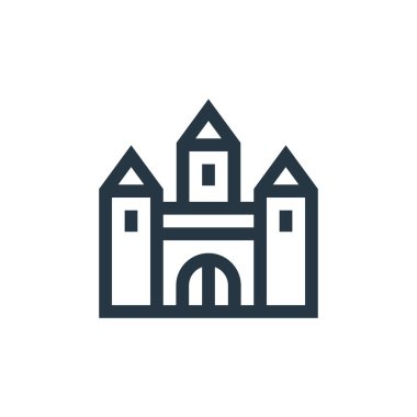 Peri masalı kavramından bir şato ikonu vektörü. Şatonun düzenlenebilir vuruşunun ince çizgisi. Web ve mobil uygulamalarda kullanmak için kale doğrusal işareti, logo, yazdırma ortamı.