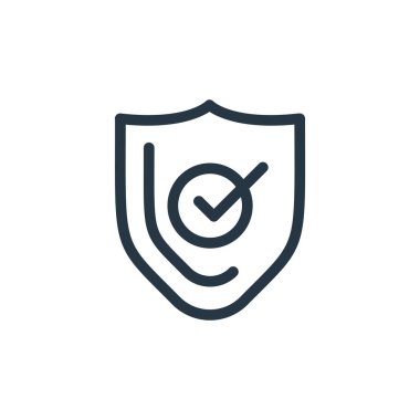 Koruma konseptinden kalkan ikon vektörü. Düzenlenebilir kalkan vuruşunun ince çizgisi. Web ve mobil uygulamalarda kullanmak için kalkan doğrusal işareti, logo, yazdırma ortamı.