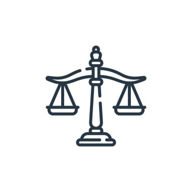 Kamu hizmetleri kavramındaki adalet ikonu vektörü. Adaletin düzeltilebilir vuruşunun ince bir çizgisi. Web ve mobil uygulamalarda kullanım için adalet doğrusal işareti, logo, yazdırma medyası.