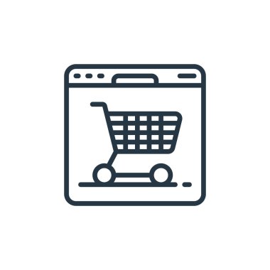 İnternet konseptinden online dükkan simgesi vektörü. İnternet üzerinden düzenlenebilir vuruşların ince bir çizgisi. İnternet ve mobil uygulamalarda kullanmak için çevrimiçi dükkan doğrusal işareti, logo, yazdırma ortamları.