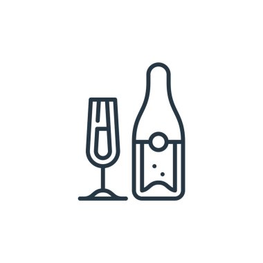 Kutlama konseptinden şampanya ikonu vektörü. Şampanyayı düzenlenebilir vuruşun ince bir çizgisi. Web ve mobil uygulamalarda kullanmak için şampanya doğrusal işareti, logo, yazdırma medyası.