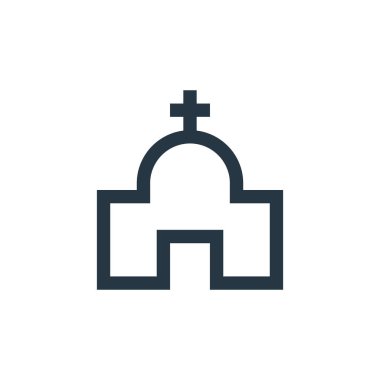 Mülk kavramından kilise ikonu vektörü. Kilisenin düzenlenebilir vuruşlarının ince bir çizgisi. Web ve mobil uygulamalarda kullanmak için kilise doğrusal işareti, logo, yazdırma ortamı.