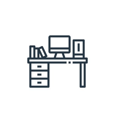 Mobilya konseptinden masa ikonu vektörü. Düzenlenebilir masaüstü felcin ince çizgisi. Web ve mobil uygulamalarda, logoda, yazdırma ortamında kullanmak için masa doğrusal işareti.