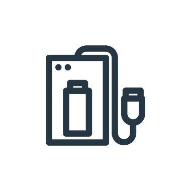 Teknoloji konseptinden güç bankası ikonu vektörü. Güç bankasının düzenlenebilir vuruşunun ince çizgisi. Web ve mobil uygulamalarda kullanmak için power bank doğrusal işareti, logo, yazdırma ortamı.