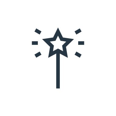 Peri masalı konseptinden sihirli asa ikonu vektörü. Sihirli değnek ve düzenlenebilir vuruşun ince çizgisi. Web ve mobil uygulamalarda kullanmak için sihirli değnek ve doğrusal işareti, logo, yazdırma ortamı.