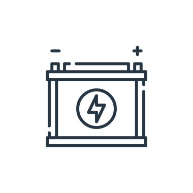 Sürdürülebilir enerji konseptindeki akümülatör ikon vektörü. Akümülatör düzenleyici felcin ince çizgisi. Web ve mobil uygulamalarda kullanmak için akümülatör doğrusal işareti, logo, yazdırma ortamı.