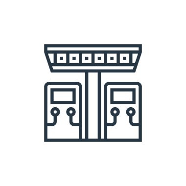 Elektrikli araç konseptinden şarj istasyonu ikon vektörü. İstasyonun düzenlenebilir vuruşunun ince çizgisi. Web ve mobil uygulamalarda kullanmak için istasyon doğrusal işaretini yükle, logo, yazdırma ortamı.