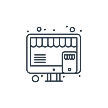Dijital pazarlama kavramından online dükkan ikonu vektörü. İnternet üzerinden düzenlenebilir vuruşların ince bir çizgisi. İnternet ve mobil uygulamalarda kullanmak için çevrimiçi dükkan doğrusal işareti, logo, yazdırma ortamları.