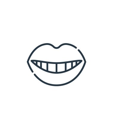 Gülümseme ikonu, dişçi konseptinden. Düzenlenebilir gülümseme vuruşunun ince bir çizgisi. Web ve mobil uygulamalarda kullanmak için gülümseme doğrusal işareti, logo, yazdırma ortamı.