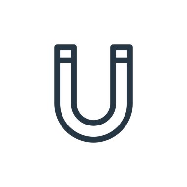 Grafik tasarım konseptinden mıknatıs simgesi vektörü. Düzenlenebilir mıknatıs darbesinin ince çizgisi. Web ve mobil uygulamalarda kullanmak için mıknatıs doğrusal işareti, logo, yazdırma ortamı.