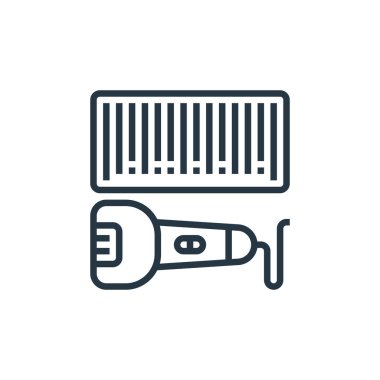Endüstriyel süreç kavramından barkod ikon vektörü. Düzenlenebilir barkod vuruşunun ince çizgisi. Web ve mobil uygulamalarda kullanmak için barkod doğrusal işareti, logo, yazdırma ortamı.