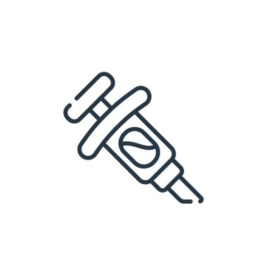 Dişçi konseptinden şırınga ikonu vektörü. Düzenlenebilir şırınga felcinin ince çizgisi. Web ve mobil uygulamalarda kullanmak için şırınga doğrusal işareti, logo, yazdırma ortamı.