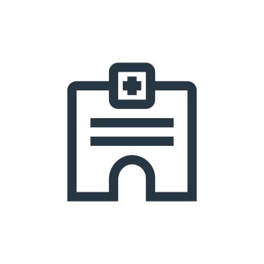 Hastane tıbbi konseptten ikon vektörü oluşturuyor. Hastane binasının düzenlenebilir felcinin ince bir çizgisi. İnternet ve mobil uygulamalar, logo ve yazdırma ortamlarında kullanım için hastane binası doğrusal işareti.