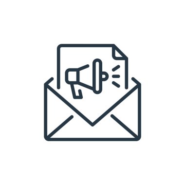 E- posta pazarlama simgesi vektörü seo ve pazarlama konseptinden. Düzenlenebilir e-posta pazarlama vuruşunun ince çizgisi. Web ve mobil uygulamalarda kullanmak için e- posta pazarlama doğrusal işareti, logo, yazdırma ortamı.