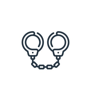 Kanun ve adalet kavramından kelepçe ikonu vektörü. Kelepçelenebilir felcin ince çizgisi. Web ve mobil uygulamalarda kullanmak için kelepçe doğrusal işareti, logo, yazdırma ortamı.
