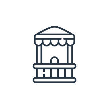 Karnaval konseptinden Booth ikon vektörü. Booth 'un düzenlenebilir vuruşunun ince bir çizgisi. Web ve mobil uygulamalarda kullanmak için Booth doğrusal işareti, logo, yazdırma ortamı.