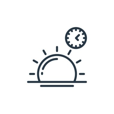 Ramazan kavramından günbatımı ikonu vektörü. Düzenlenebilir günbatımı vuruşunun ince çizgisi. Web ve mobil uygulamalarda kullanmak için gün batımı doğrusal işareti, logo, yazdırma ortamı.