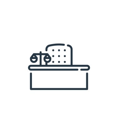 Hukuk ve adalet kavramının masa ikonu vektörü. Düzenlenebilir masaüstü felcin ince çizgisi. Web ve mobil uygulamalarda, logoda, yazdırma ortamında kullanmak için masa doğrusal işareti.