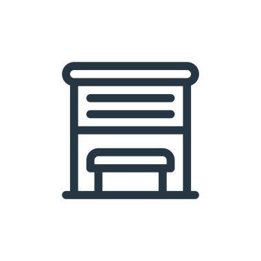 Toplu taşıma konseptinden otobüs durağı ikonu vektörü. Otobüs durağının düzenlenebilir vuruşunun ince çizgisi. Web ve mobil uygulamalarda kullanım için otobüs durağı doğrusal işareti, logo, yazdırma ortamı.