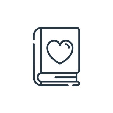 Romantizm ikonu, kitaplar ve edebiyat konseptinden. Düzenlenebilir romantizm vuruşunun ince çizgisi. Web ve mobil uygulamalarda kullanmak için romantizm doğrusal işareti, logo, yazdırma ortamı.