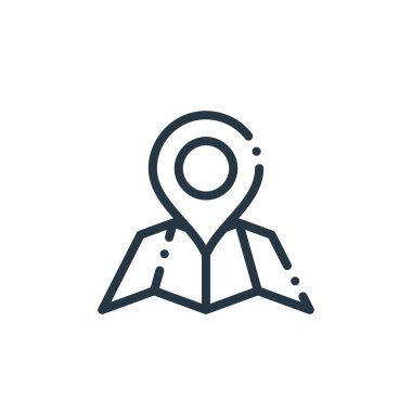 Seyahat ve macera konseptindeki harita simgesi vektörü. Haritada düzenlenebilir vuruşun ince çizgisi. Web ve mobil uygulamalarda kullanmak için harita doğrusal işareti, logo, yazdırma ortamı.