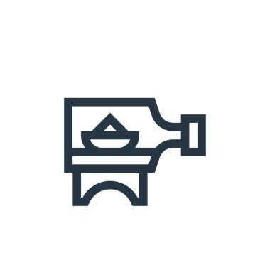 El sanatları konseptinden bir şişe ikonu vektöründe gemi. Şişede düzenlenebilir bir darbeyle geminin ince bir çizgisi. Web ve mobil uygulamalarda, logoda, yazdırma ortamında kullanmak için bir şişe doğrusal işaretinde gemi.