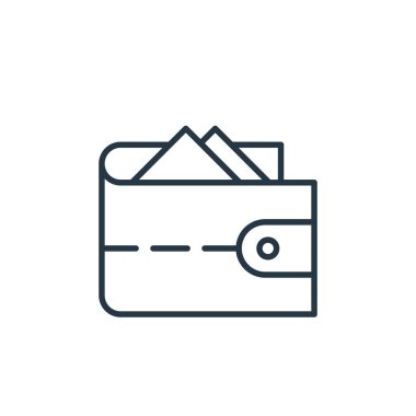 Seyahat konseptinden cüzdan ikonu vektörü. Cüzdan düzenlenebilir darbenin ince çizgisi. Web ve mobil uygulamalarda kullanmak için cüzdan doğrusal işareti, logo, yazdırma ortamı.