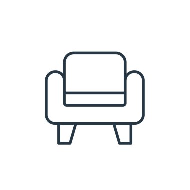 Mobilya konseptinden koltuk ikonu vektörü. Koltuğun düzenlenebilir vuruşunun ince çizgisi. Web ve mobil uygulamalar, logo ve yazdırma ortamlarında kullanım için koltuk doğrusal işareti.