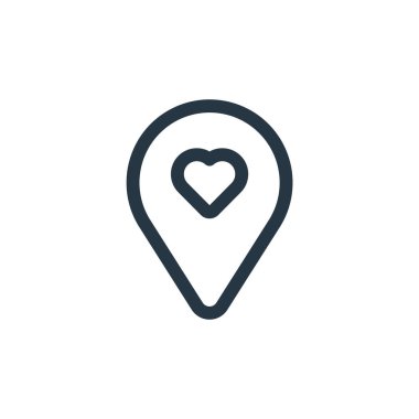 Sevgililer Günü konseptinden konum ikonu vektörü. İnce çizgili düzenlenebilir felç çizgisi. Web ve mobil uygulamalarda kullanmak için konum doğrusal işareti, logo, yazdırma ortamı.