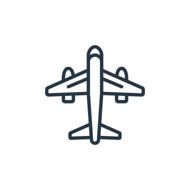 İnternet konseptinden uçak ikonu vektörü. Uçakta düzenlenebilir darbenin ince bir çizgisi. Web ve mobil uygulamalarda kullanım için uçak doğrusal işareti, logo, yazdırma ortamı.