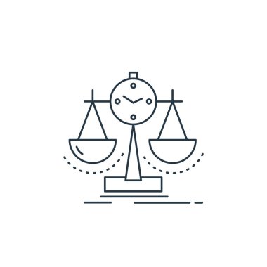 Analitik yatırım ve dengeli puan kartı konseptinden adalet ikonu vektörü. Adaletin düzeltilebilir vuruşunun ince bir çizgisi. Web ve mobil uygulamalarda kullanım için adalet doğrusal işareti, logo, yazdırma medyası.