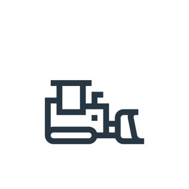 Makine konseptinden buldozer ikonu vektörü. İnce çizgili buldozer çizgisi. Web ve mobil uygulamalarda kullanmak için buldozer doğrusal işareti, logo, yazdırma ortamı.