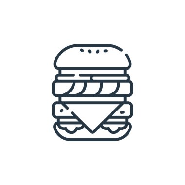 Fast food konseptinden duble burger ikonu vektörü. Çift burgerin ince çizgili çizgisi düzenlenebilir felç. Web ve mobil uygulamalarda kullanmak için çift burger doğrusal işareti, logo, yazdırma ortamı.