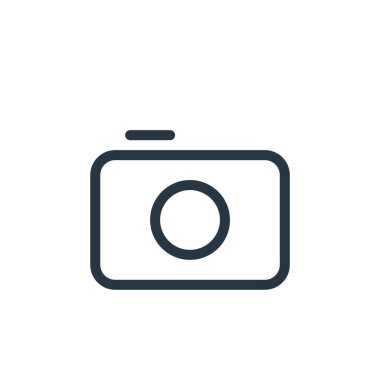 Medya konseptinden kamera simgesi vektörü. Kamera düzenlenebilir vuruşun ince çizgisi. Web ve mobil uygulamalarda kullanmak için kamera doğrusal işareti, logo, yazdırma ortamı.